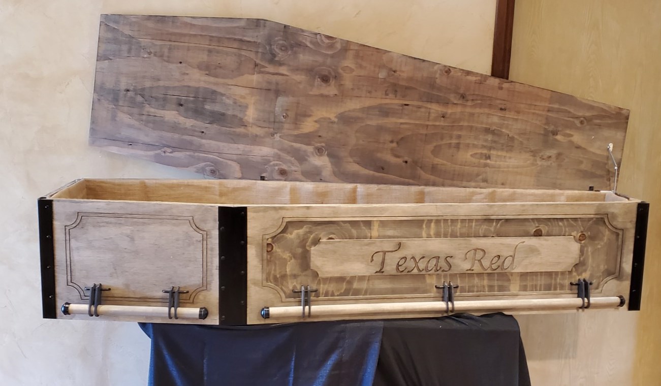 Rustic Custom wooden casket or coffin with engraved text and polished finish